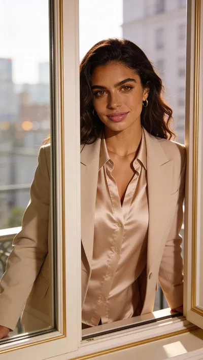 Soft window-lit portrait with satin-and-blazer styling for classy glamour photos