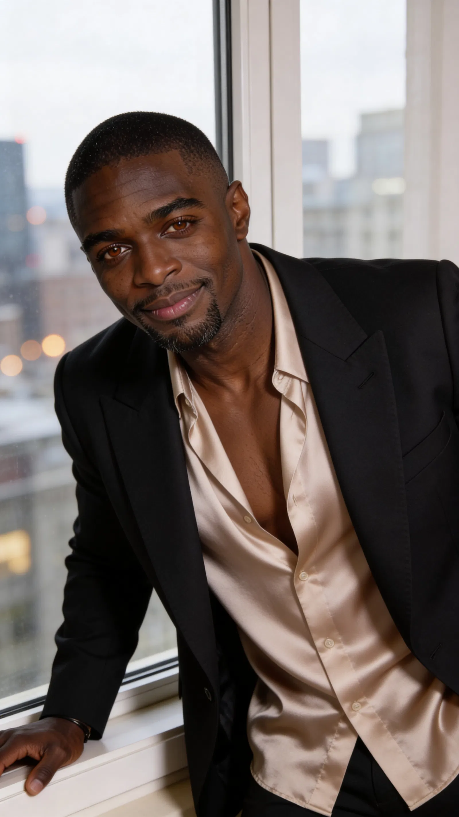 Soft window-lit portrait with satin-and-blazer styling for classy glamour photos