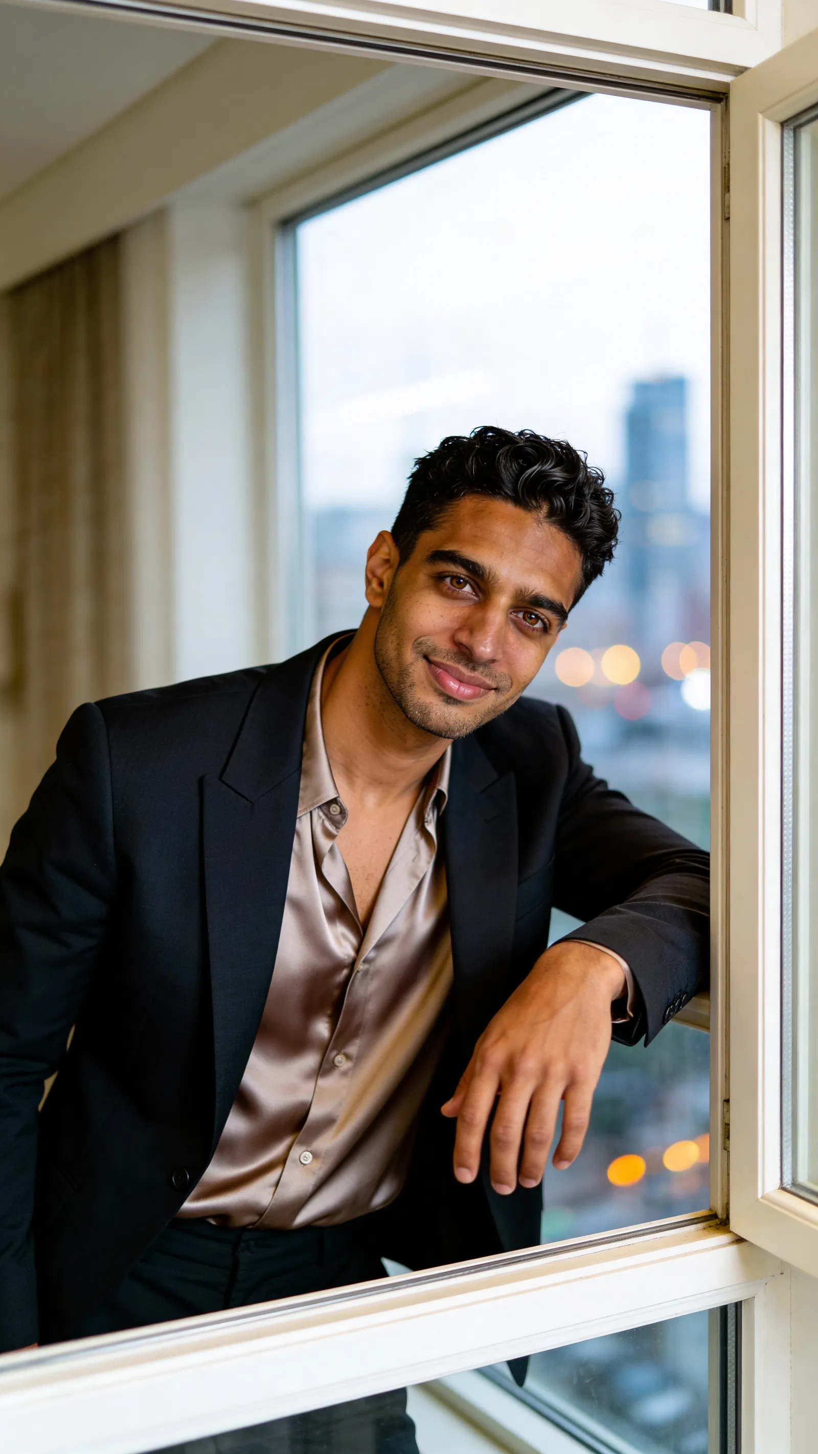 Soft window-lit portrait with satin-and-blazer styling for classy glamour photos