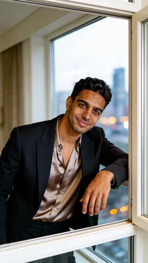 Soft window-lit portrait with satin-and-blazer styling for classy glamour photos