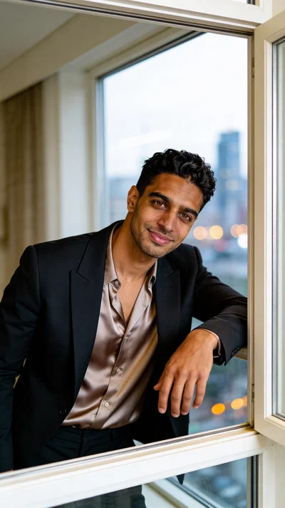 Soft window-lit portrait with satin-and-blazer styling for classy glamour photos