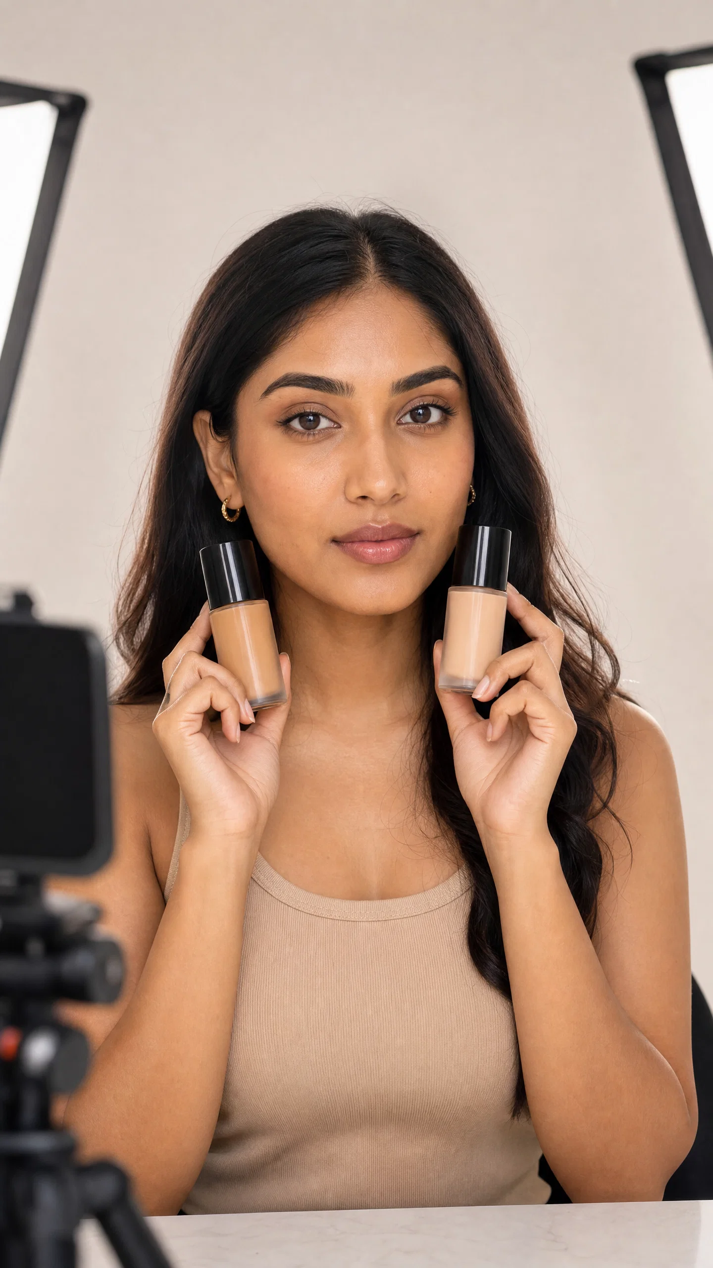 South Asian beauty creator holding foundations for shade-match comparison