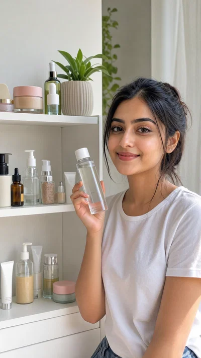 South Asian beauty influencer beside skincare shelf holding toner in bright natural light