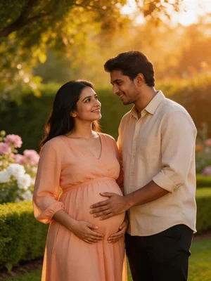 South Asian couple posing outdoors with hand on pregnant belly