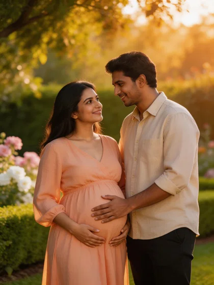 South Asian couple posing outdoors with hand on pregnant belly