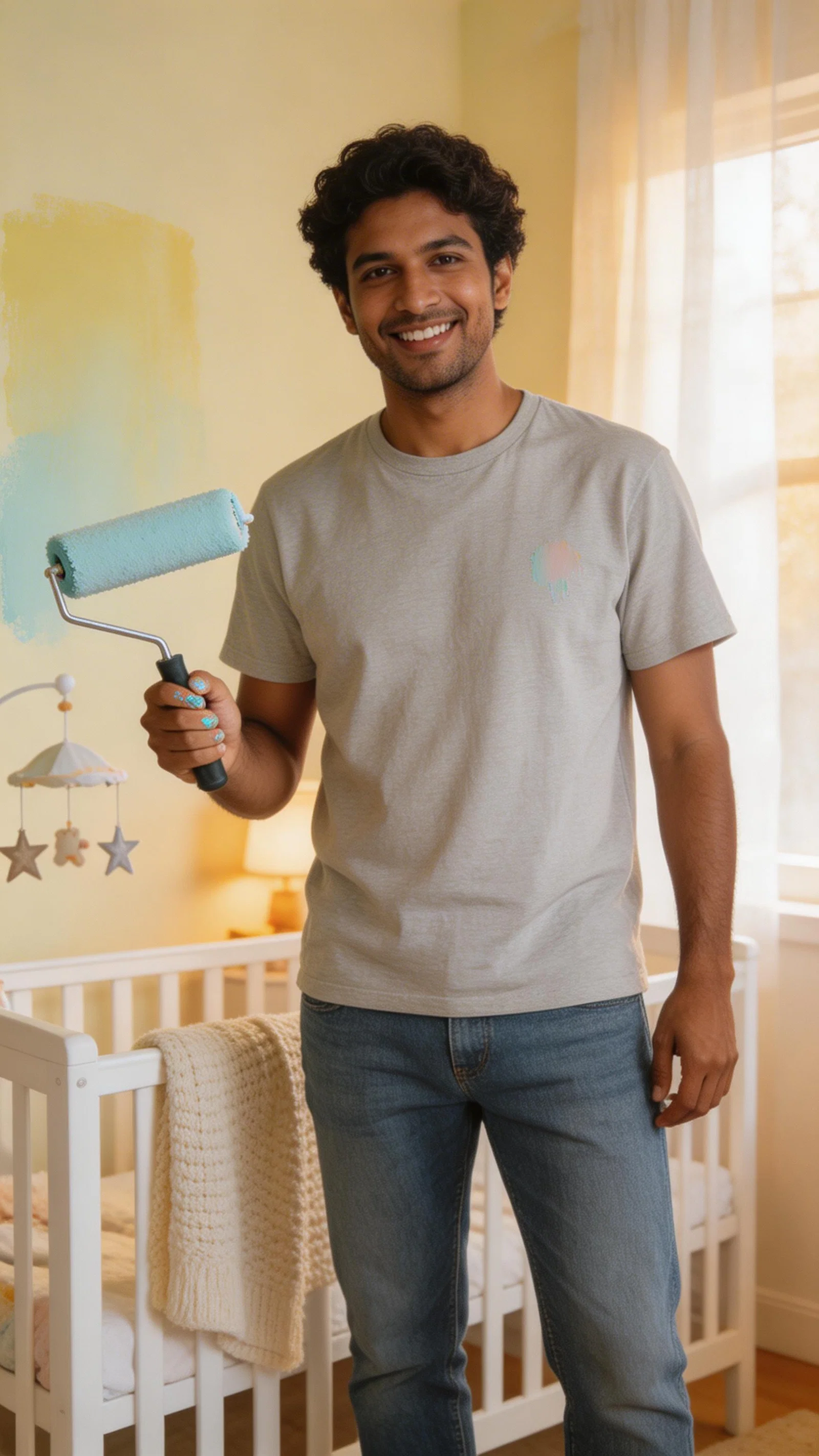 South Asian expectant father painting a nursery wall in a warm lifestyle photo