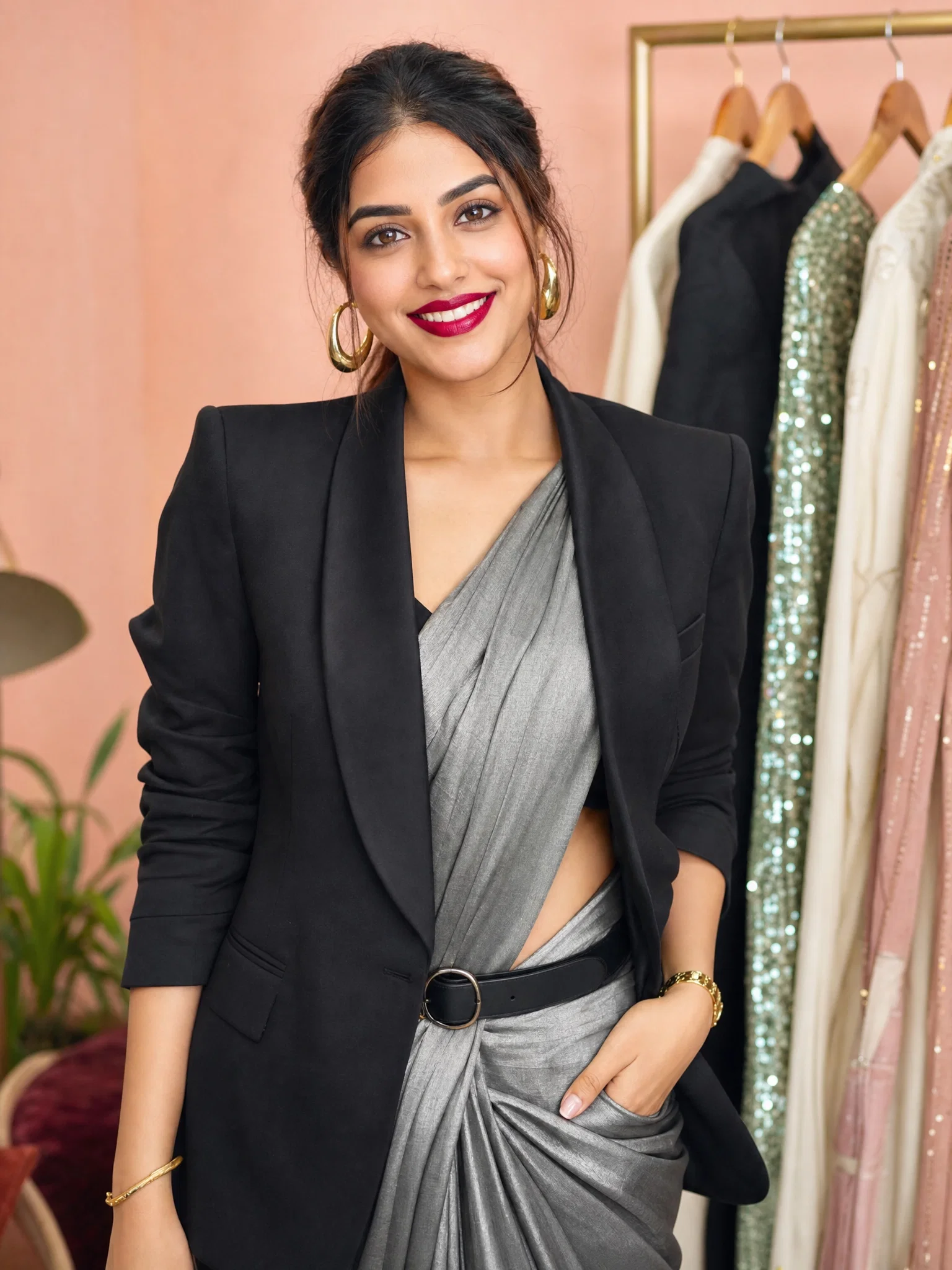 South Asian fashion-beauty influencer in studio with curated outfit rack