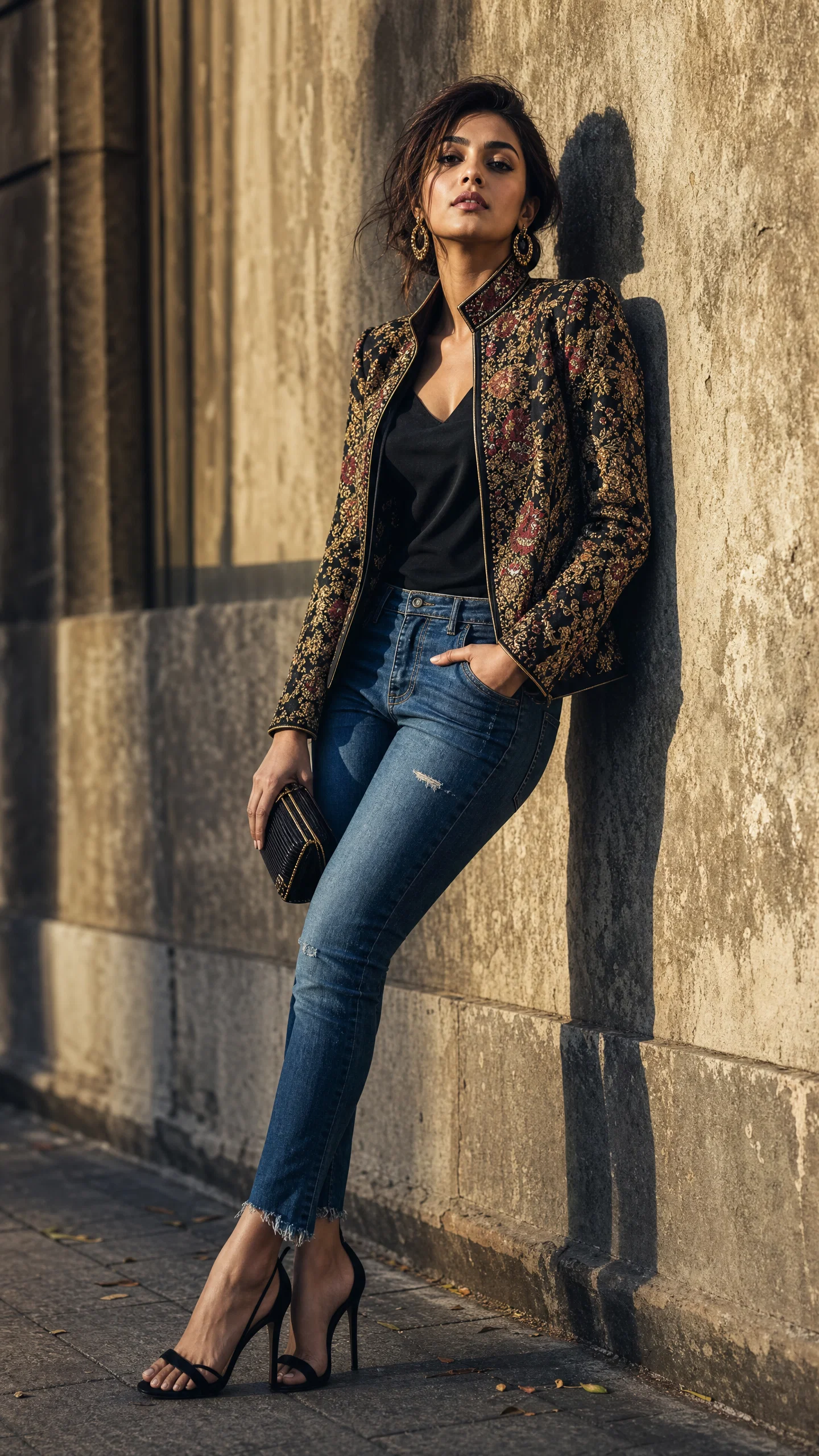 South Asian fashion influencer street-style pose in statement jacket by textured wall