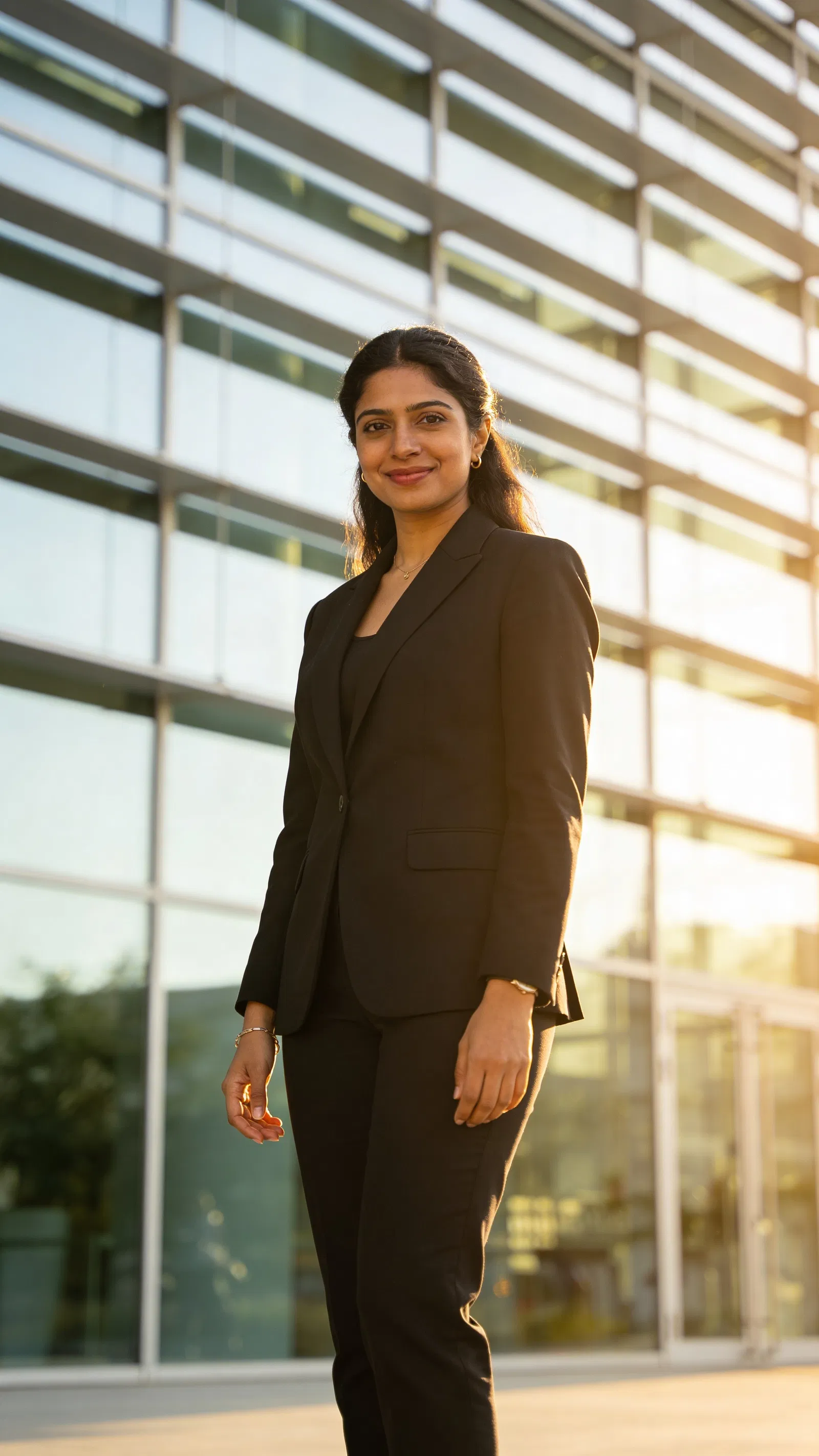 South Asian female attorney full-body portrait outdoors by modern office building