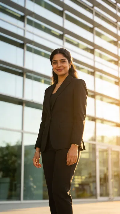 South Asian female attorney full-body portrait outdoors by modern office building