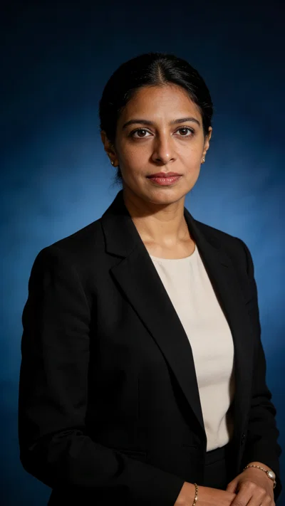 South Asian female attorney studio headshot with deep blue background, partner-ready
