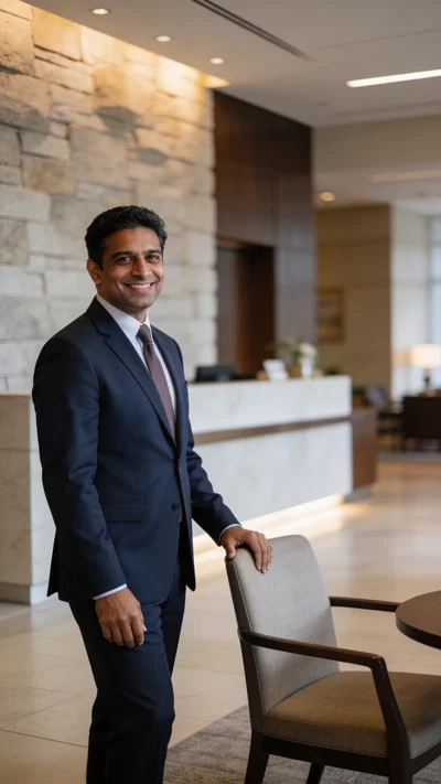 South Asian male attorney three-quarter portrait in modern reception area, confident smile