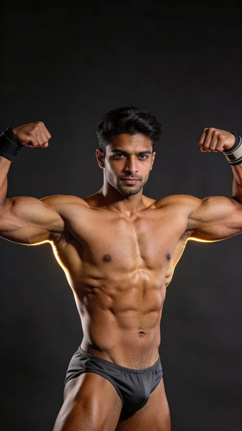 South Asian male bodybuilder front lat spread 3/4 body studio photo