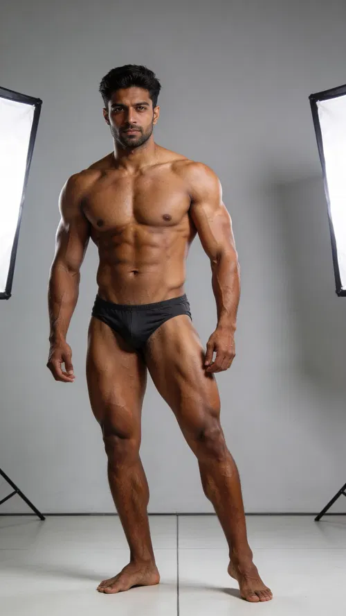 South Asian male bodybuilder full-body front relaxed studio pose showing leg definition