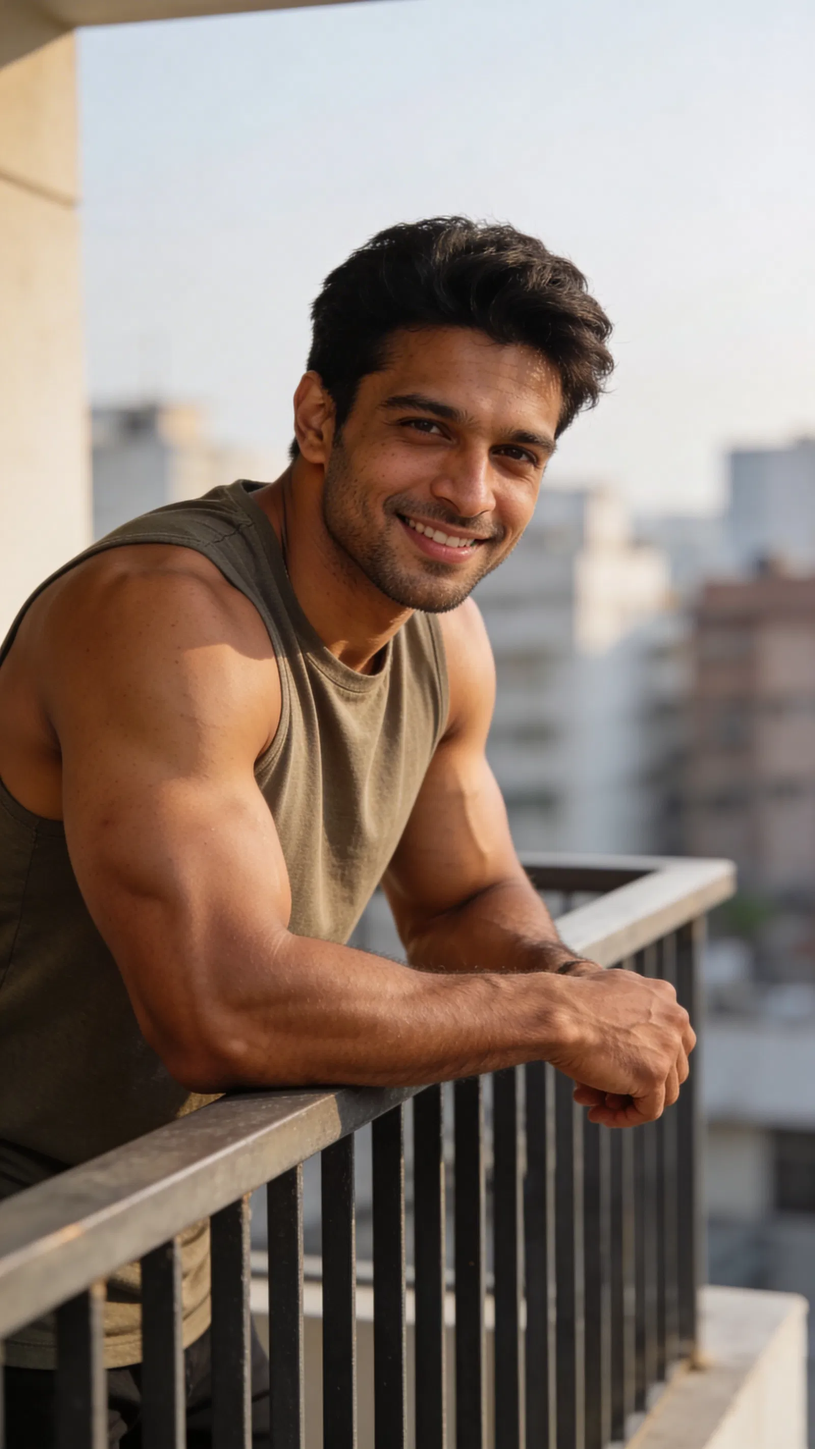 South Asian male bodybuilder half-body balcony portrait with soft morning light and confident expression