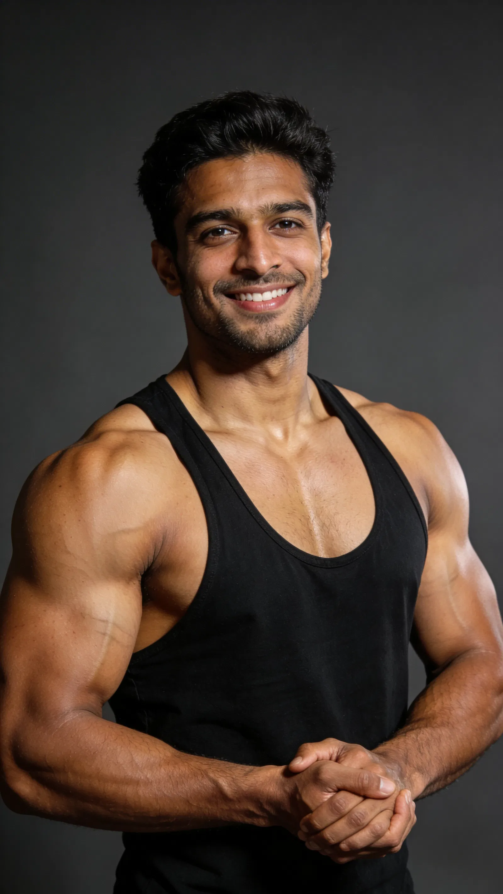 South Asian male bodybuilder half-body studio portrait emphasizing shoulders and chest