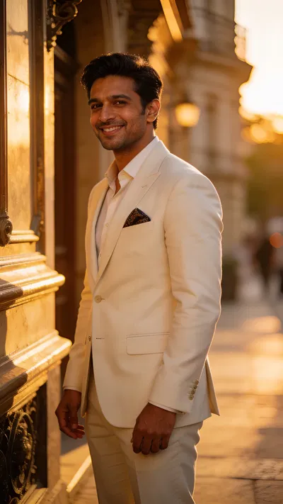 South Asian man at golden hour in light suit with classic glamour portrait lighting