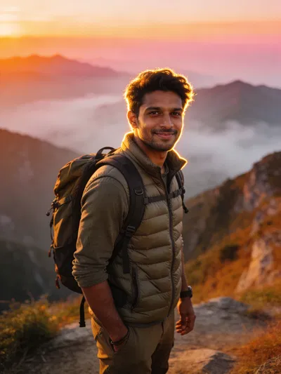 South Asian man at sunrise mountain overlook, adventure travel lifestyle portrait.