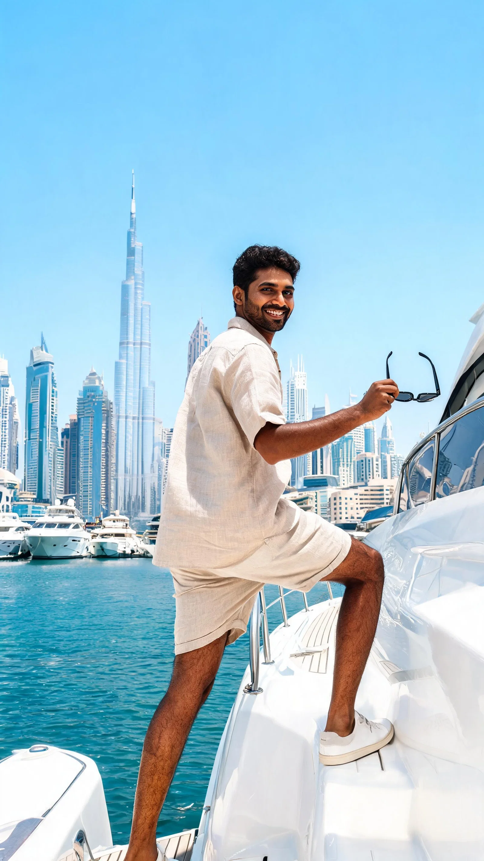 South Asian man boarding a luxury yacht in Dubai Harbor, travel influencer vibe
