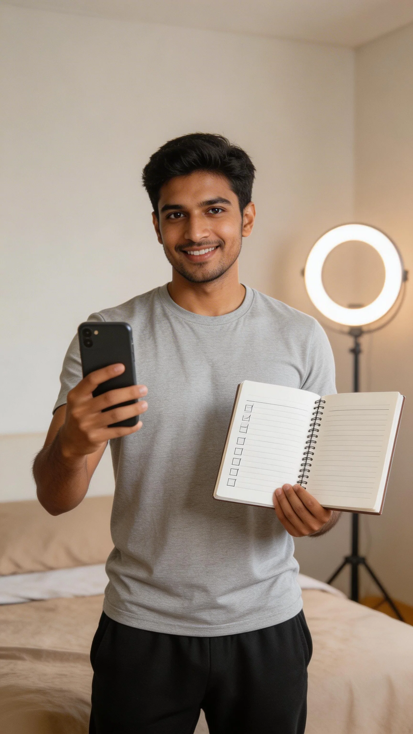 South Asian man filming day-1 challenge clip with notebook and ring light