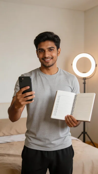 South Asian man filming day-1 challenge clip with notebook and ring light