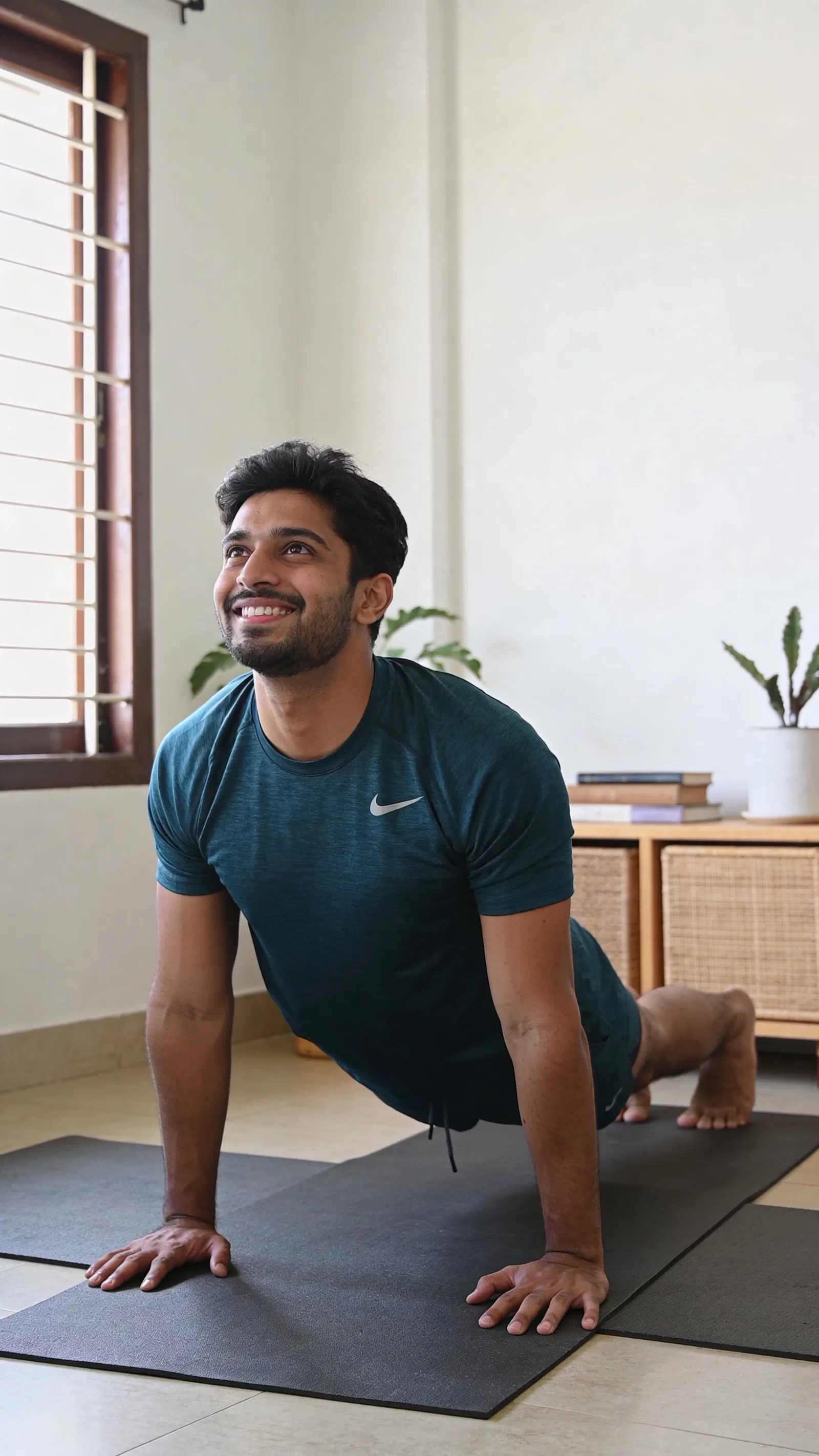 South Asian man home plank for DIY fitness photoshoot from home