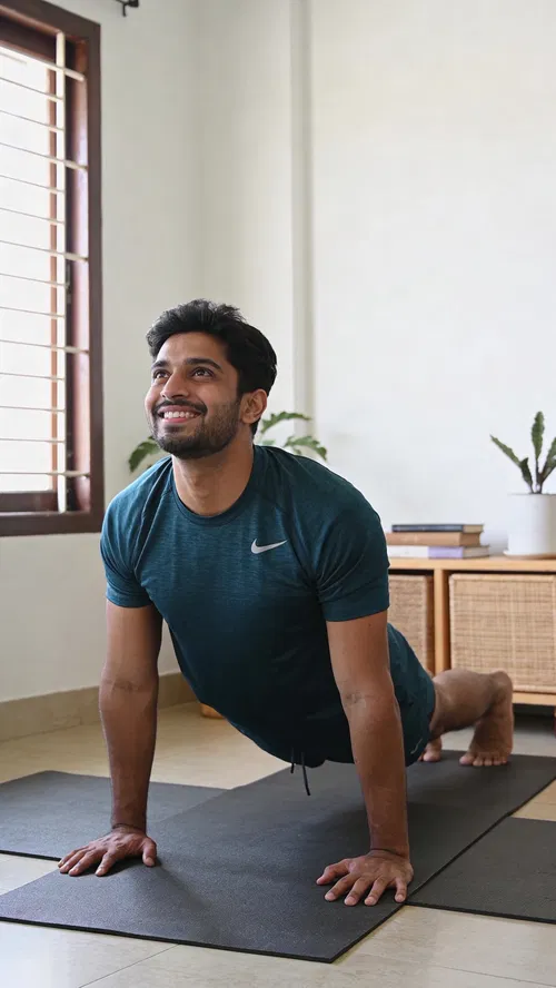 South Asian man home plank for DIY fitness photoshoot from home