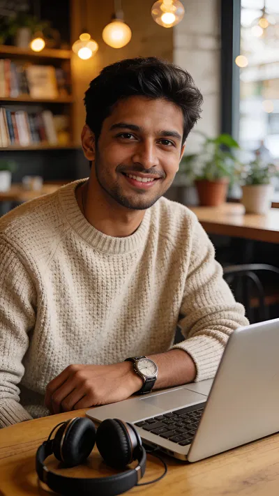 South Asian man in café workspace with laptop, travel branding half-body portrait.