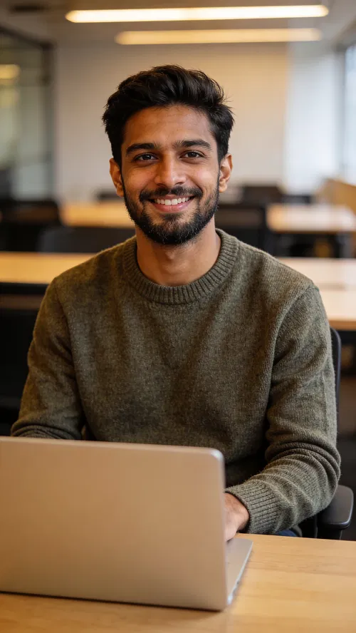 South Asian man in coworking space, confident half-body dating profile portrait.