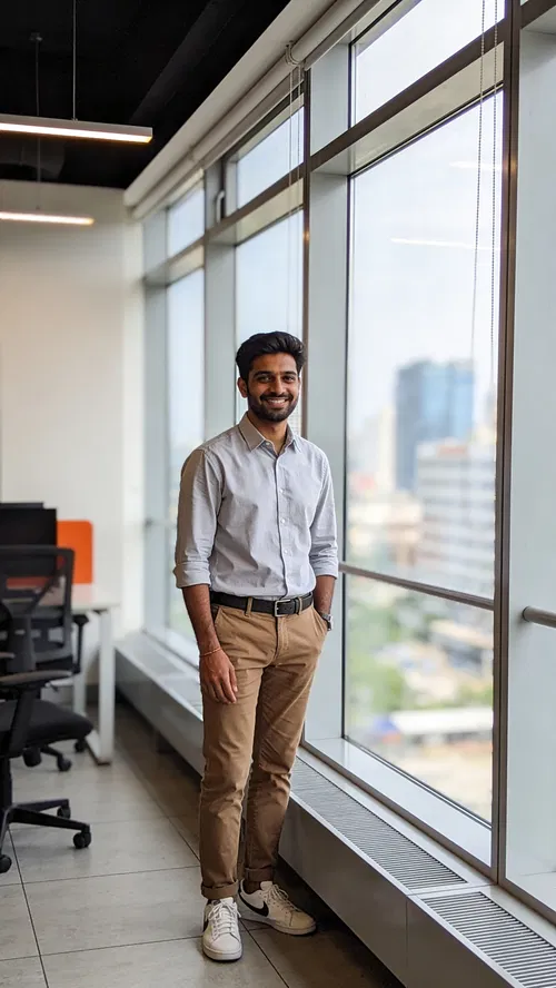 South Asian man in coworking space, smart casual portrait for creator brand content