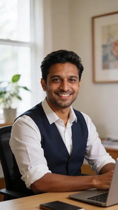 South Asian man in home office for natural from-home LinkedIn headshot