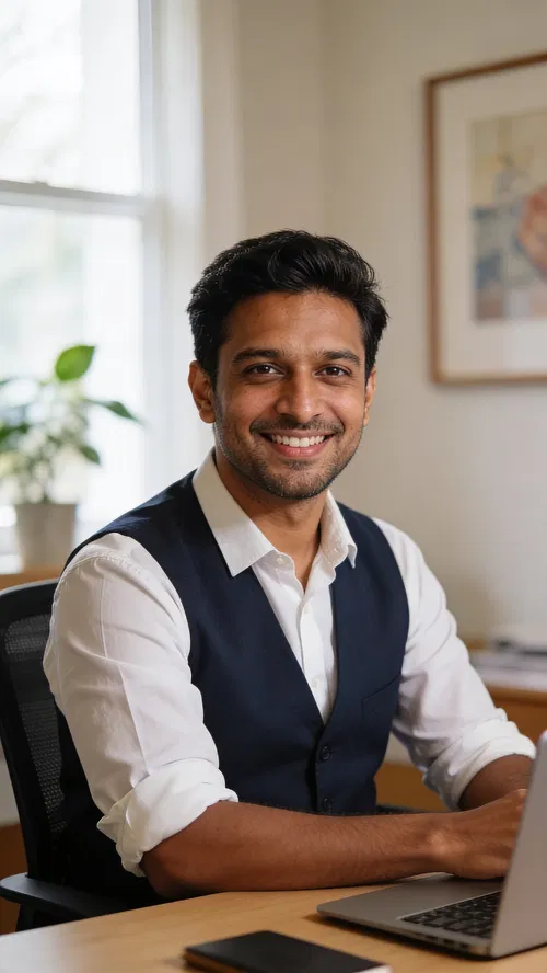 South Asian man in home office for natural from-home LinkedIn headshot