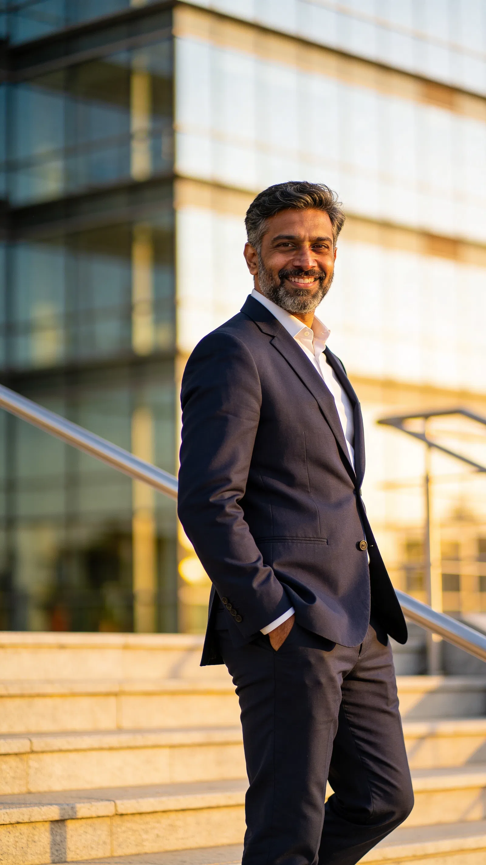 South Asian man in navy suit outdoors near modern building corporate portrait