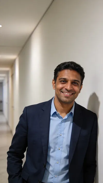 South Asian man in neutral hallway portrait for resume photo guidelines