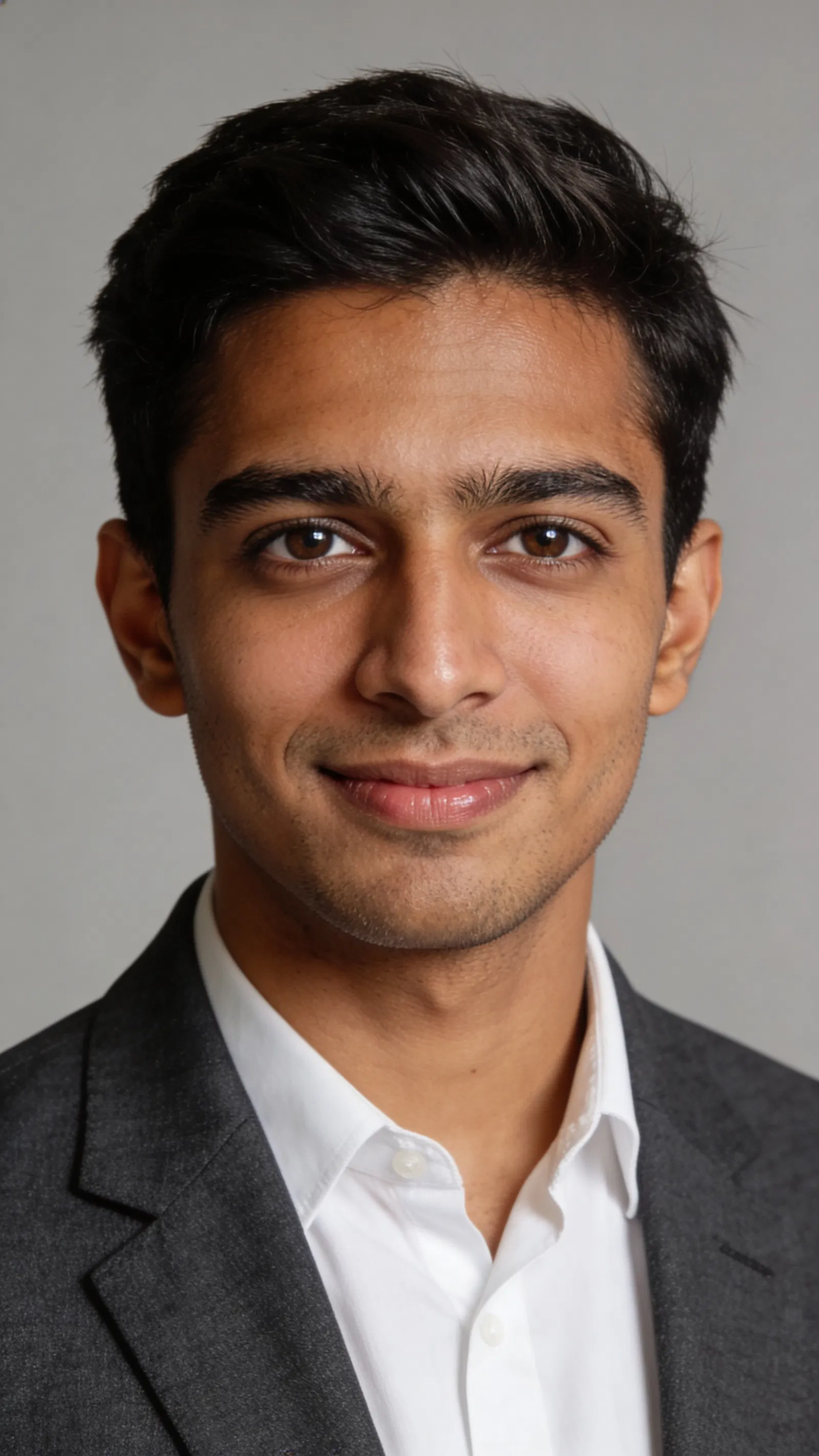 South Asian man in studio headshot with clean resume photo crop