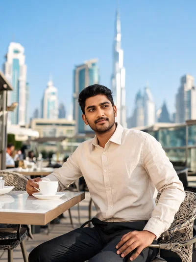 South Asian man influencer-style portrait at a luxury cafe in Downtown Dubai