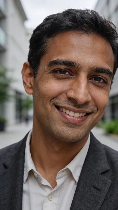 South Asian man outdoors in business district for natural LinkedIn headshot