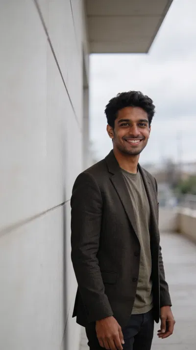 South Asian man outdoors near modern wall, confident profile portrait