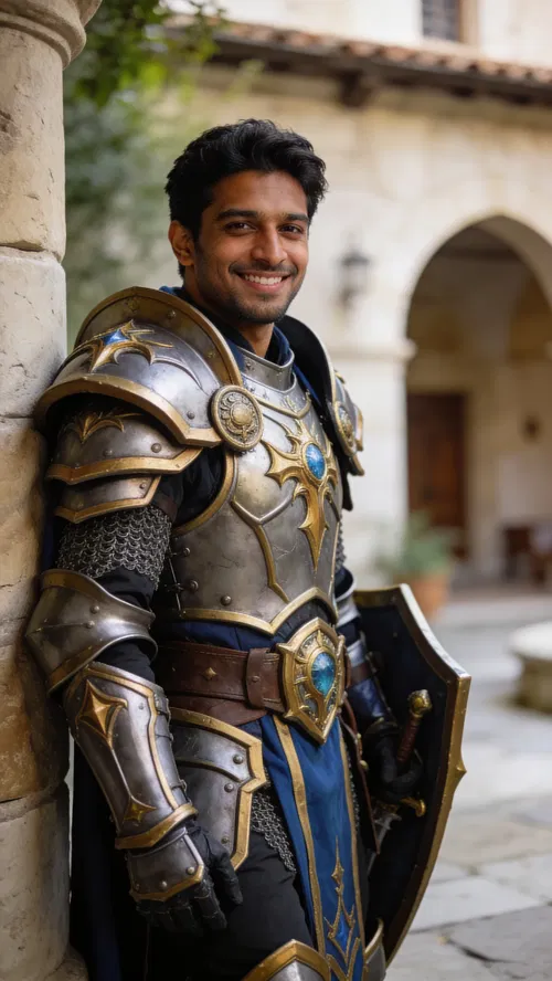 South Asian man paladin cosplay leaning on pillar, daylight portrait.