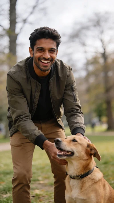 South Asian man playing with dog in park, candid dating profile photo.