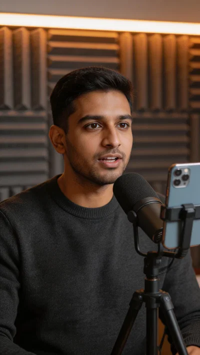 South Asian man recording voiceover tutorial in small studio with microphone
