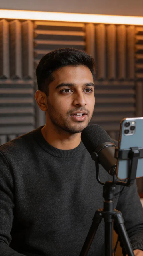 South Asian man recording voiceover tutorial in small studio with microphone