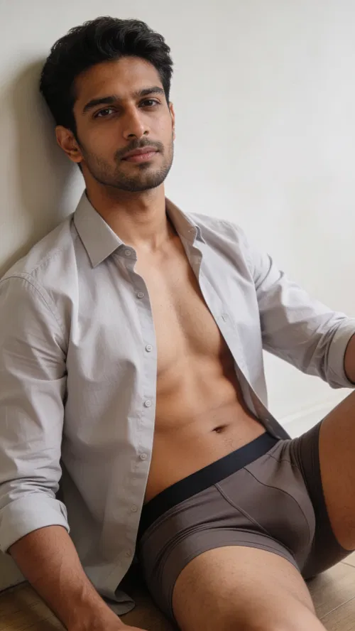 South Asian man sitting on floor in tasteful male boudoir portrait with soft diffused light