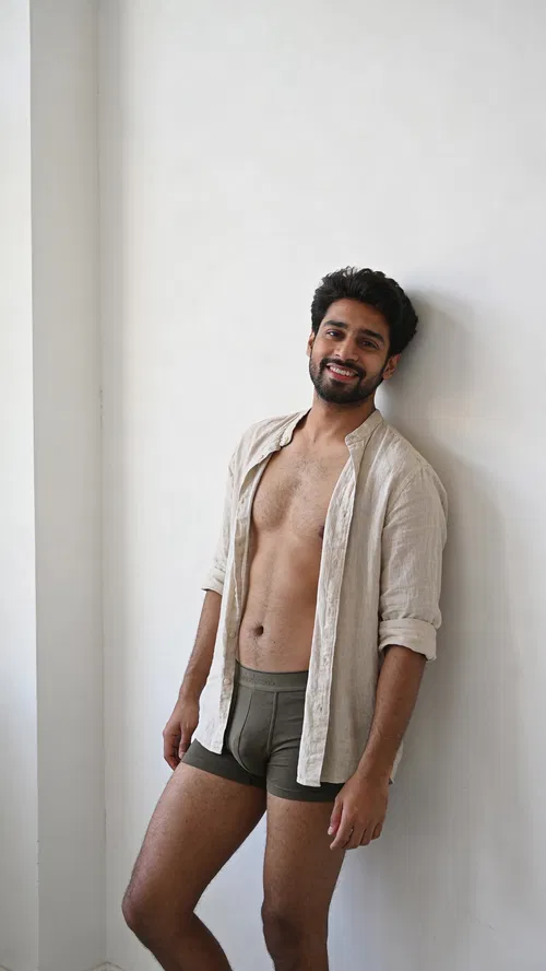 South Asian man standing against white wall in minimalist tasteful boudoir photo for men