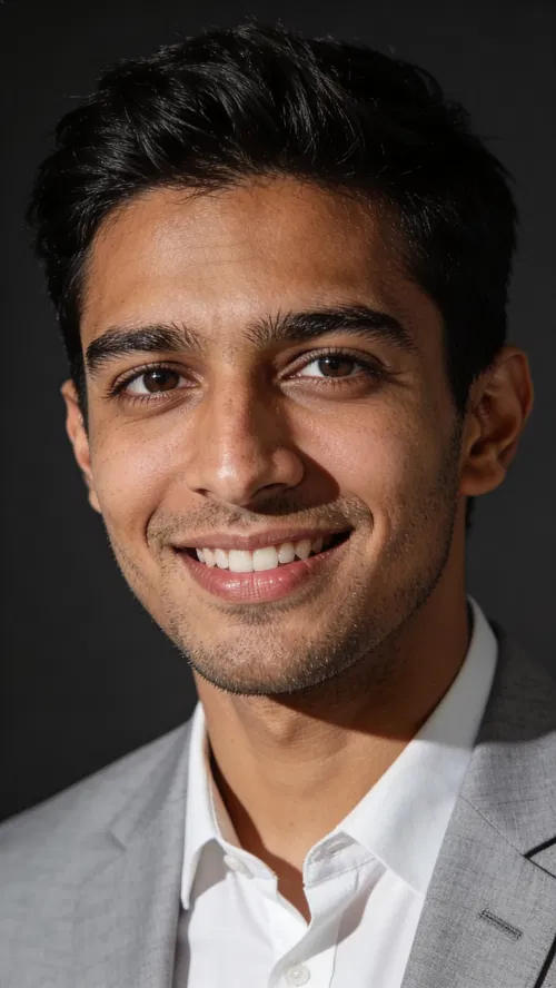 South Asian man studio headshot in light-gray suit, modern professional portrait
