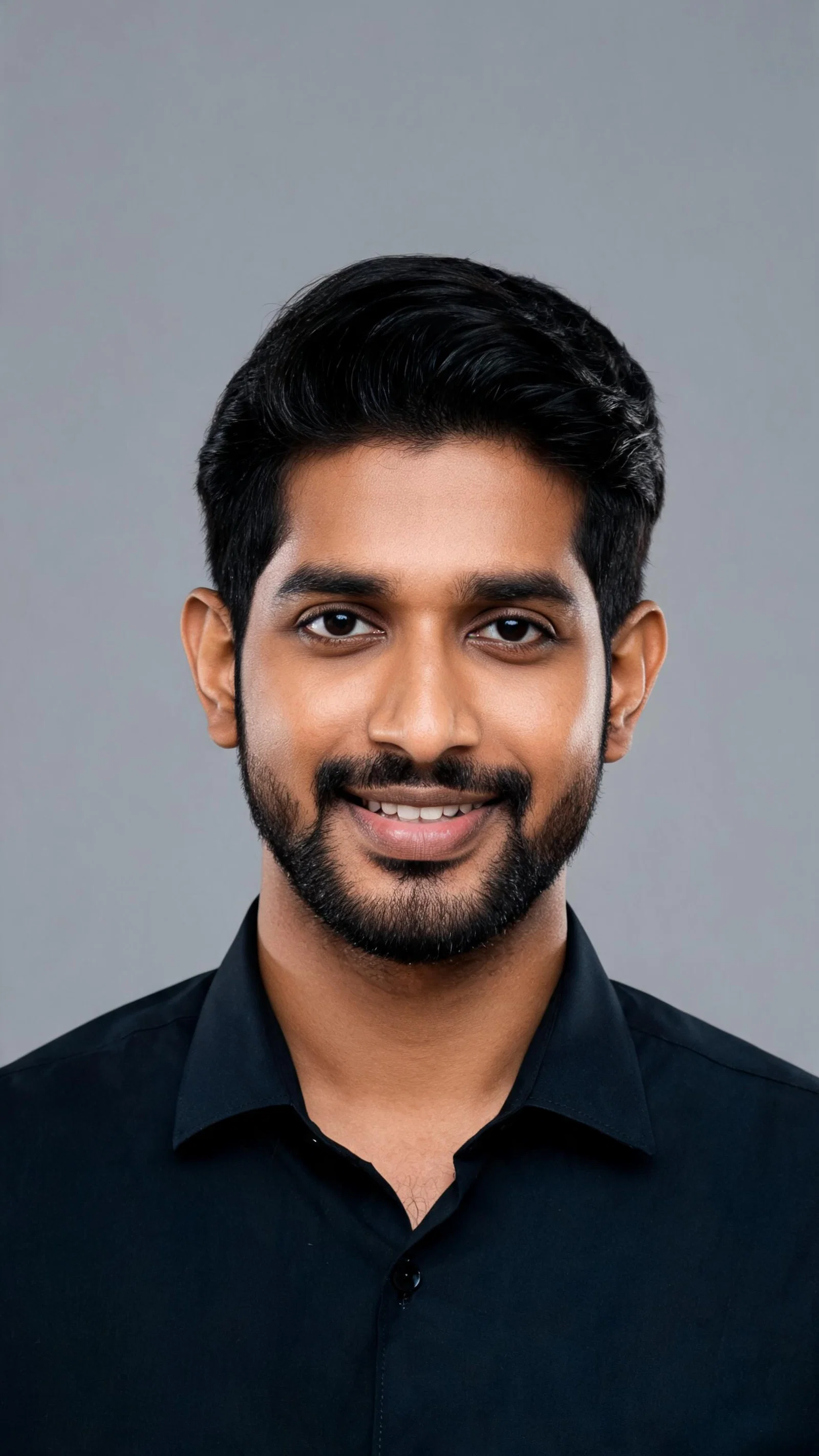 South Asian man studio headshot with groomed beard and confident smile for looksmaxxing