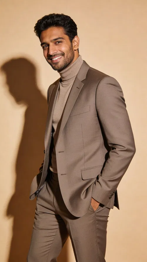 South Asian man three-quarter studio editorial suit portrait