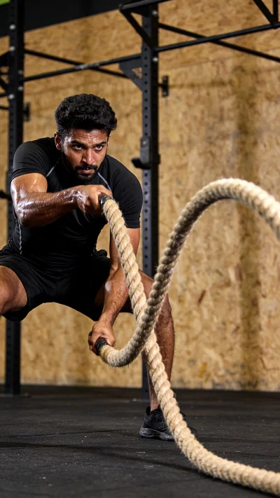 South Asian man training with battle ropes in gym photoshoot