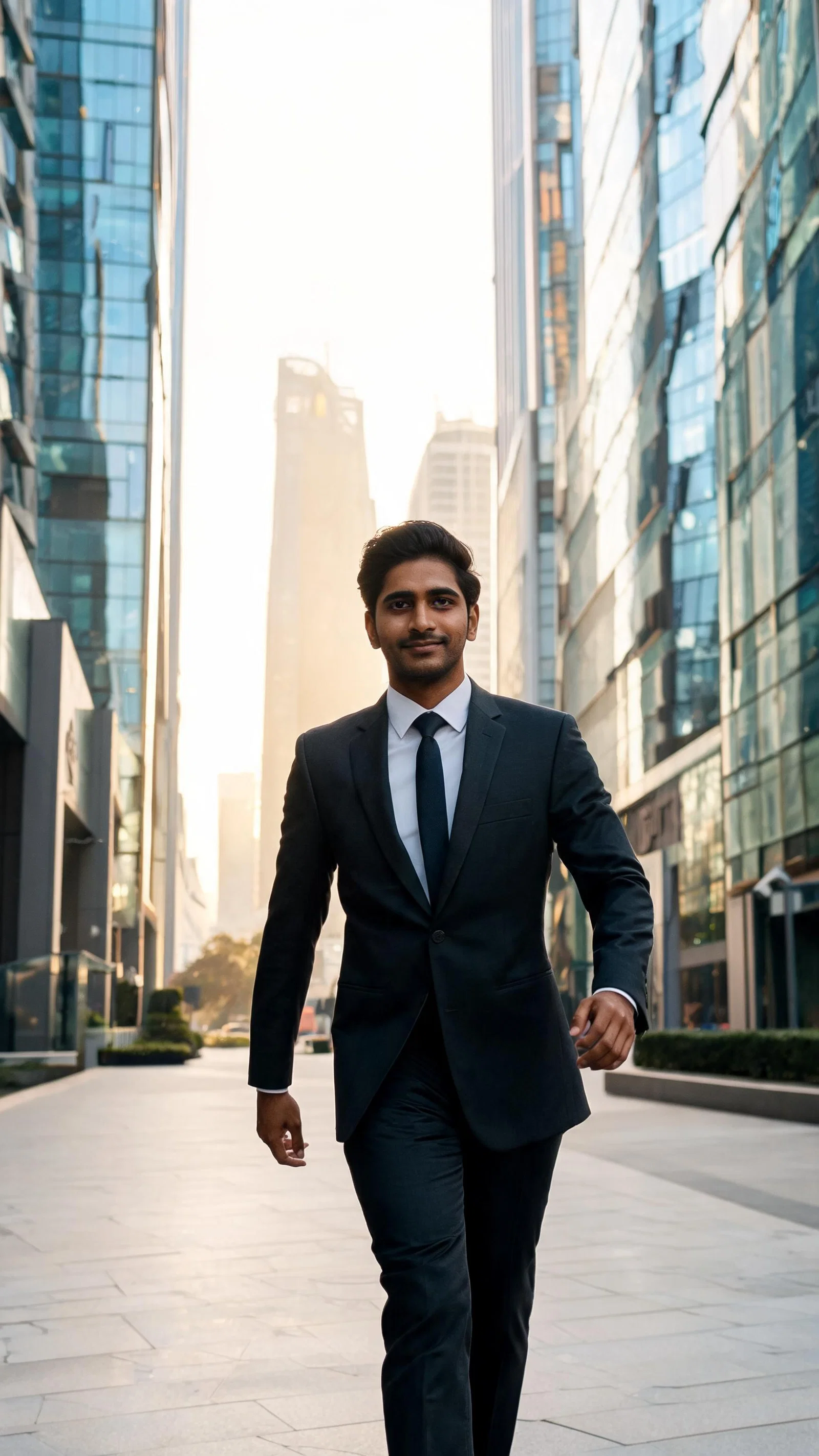 South Asian man walking in DIFC Dubai in tailored suit, professional influencer vibe