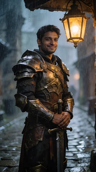 South Asian man warrior armor cosplay in rainy street, 3/4 shot.